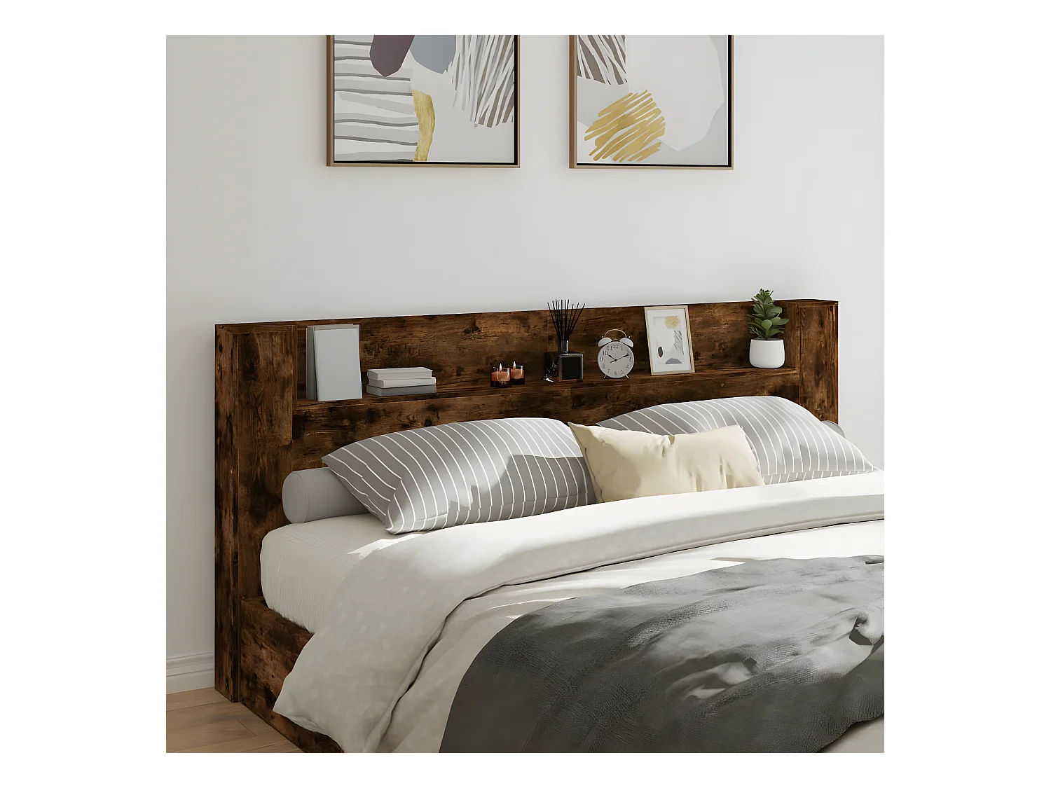 Armoire tête de lit avec LED chêne fumé 220x16,5x103,5 cm