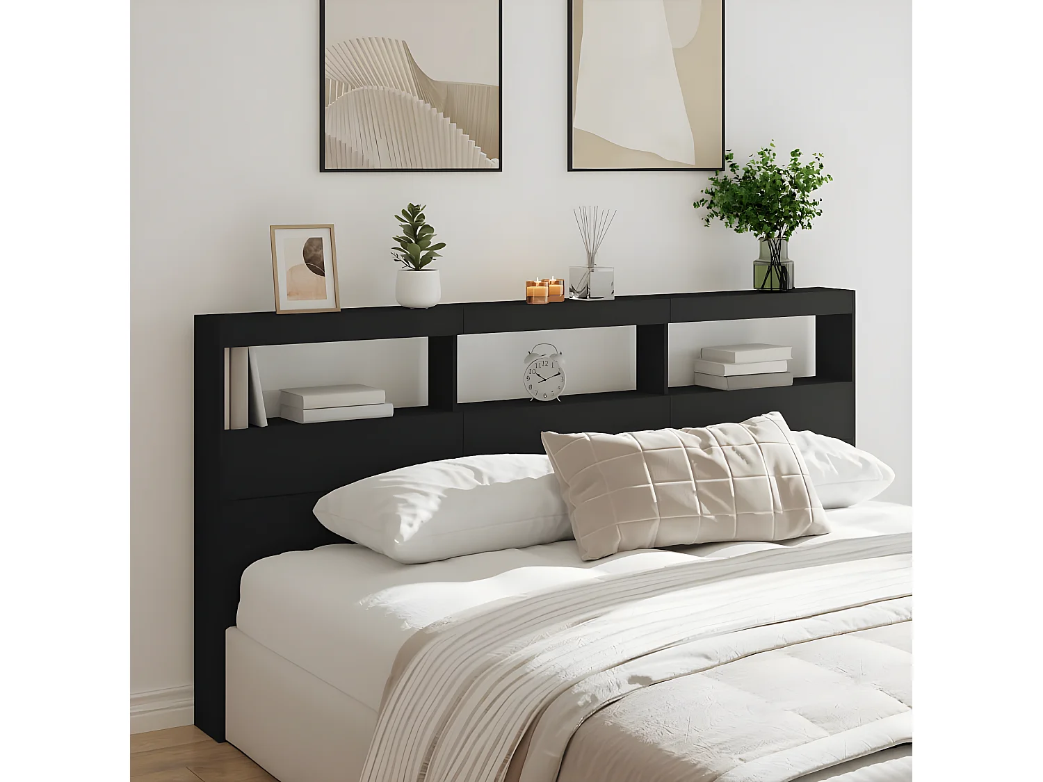 Armoire tête de lit avec LED noir 200x17x102 cm