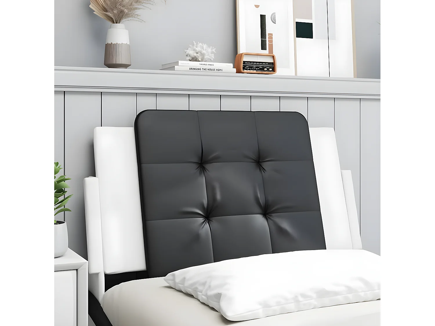 Almofadão de cabeceira 90 cm couro artificial preto e branco