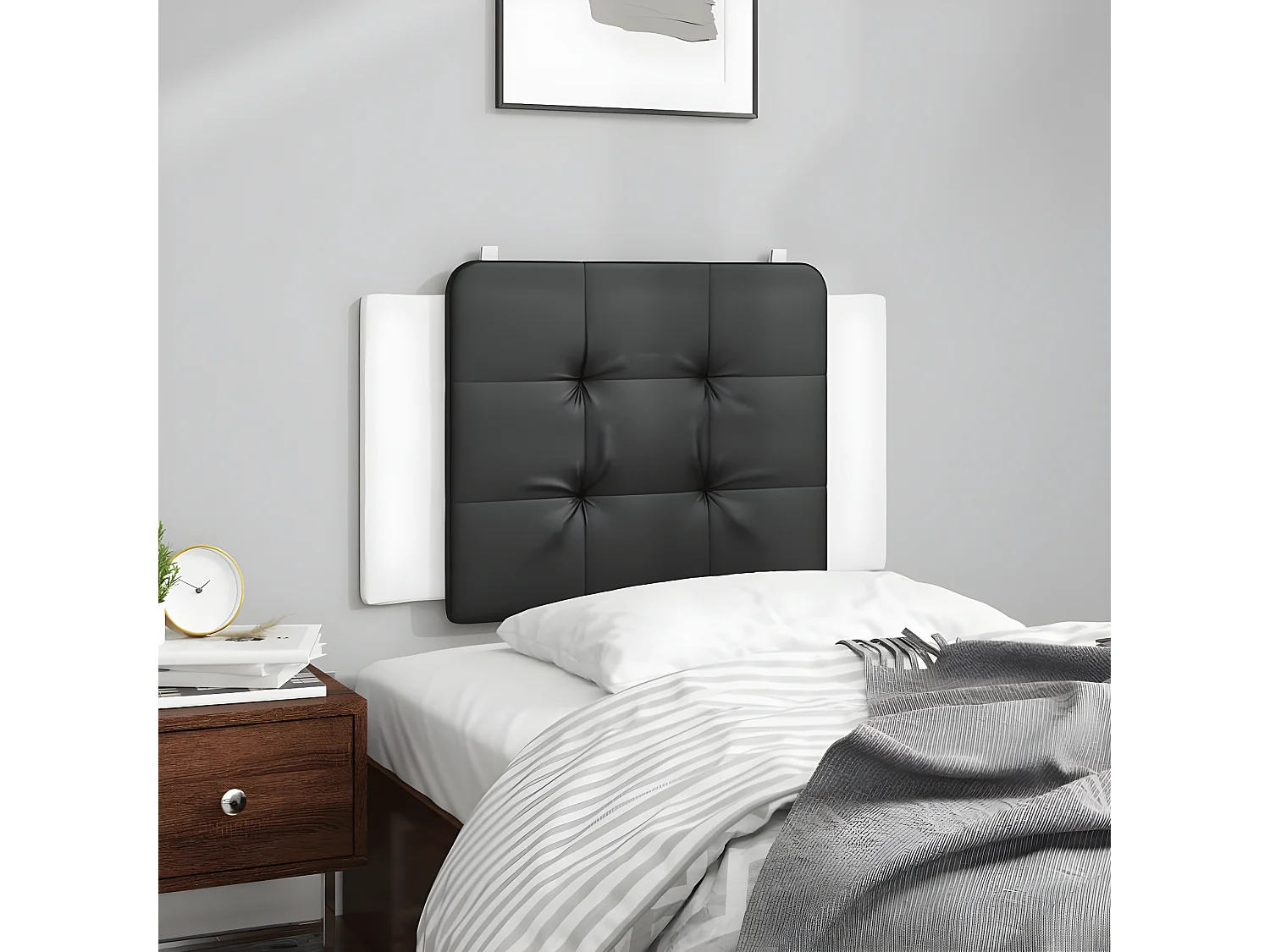 Almofadão de cabeceira 90 cm couro artificial preto e branco