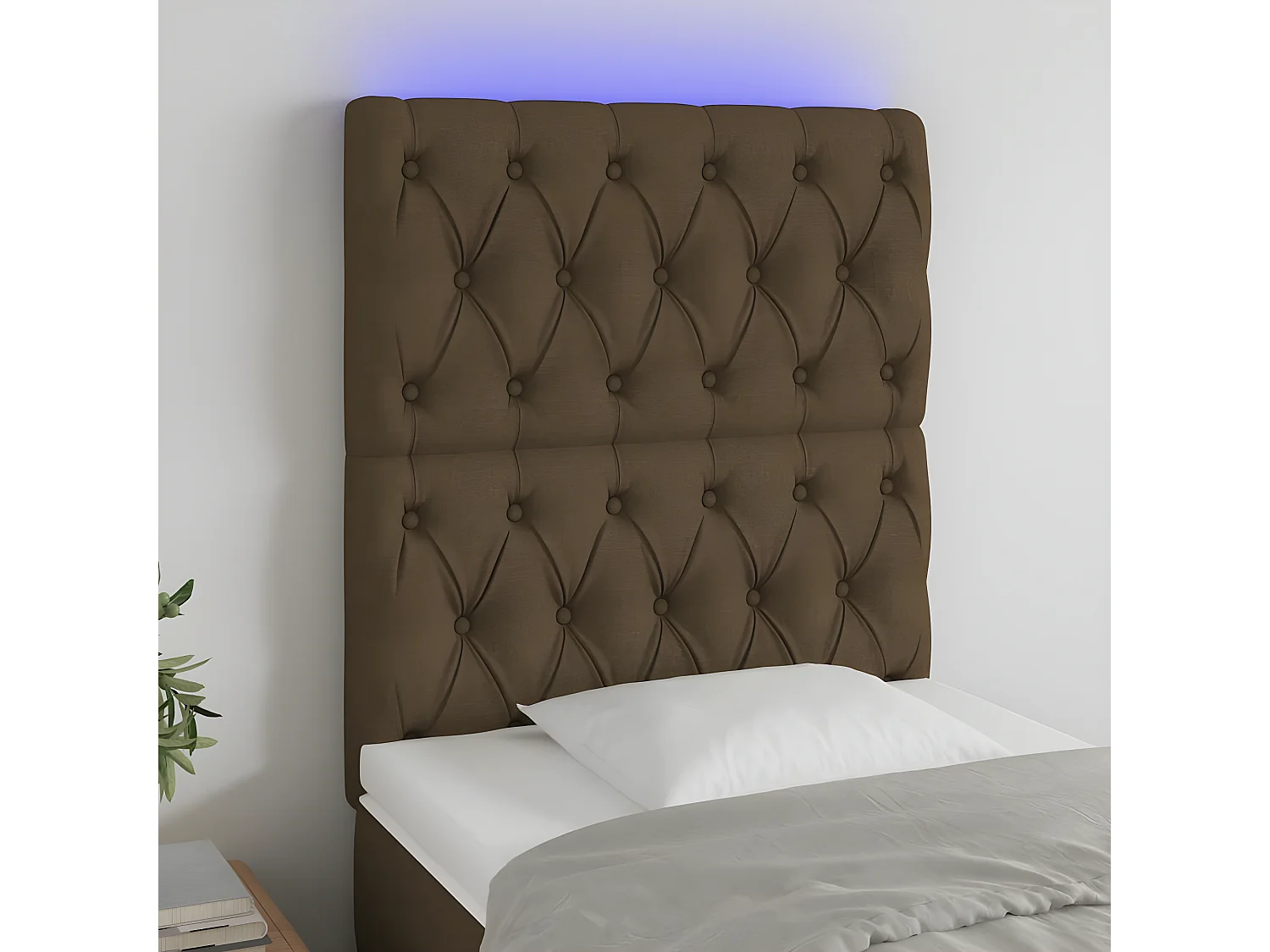Cabeceira de cama c/ luzes LED tecido 80x7x118/128 cm castanho