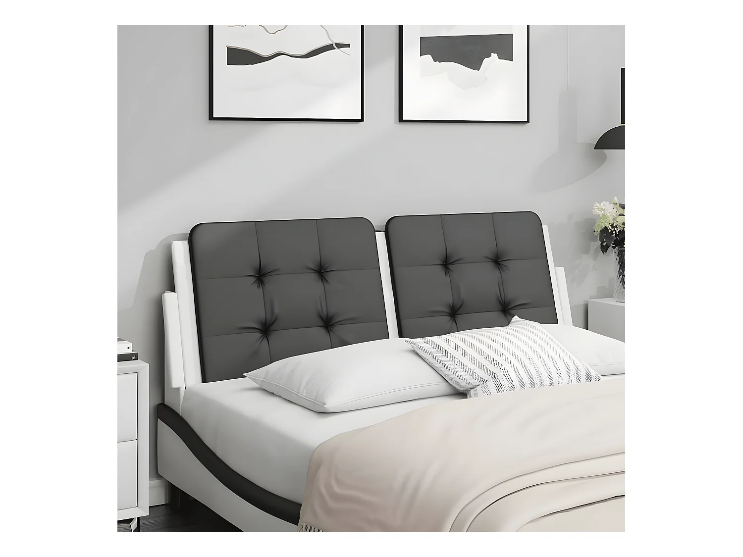 Cabecero de cama acolchado cuero sintético negro blanco 140 cm
