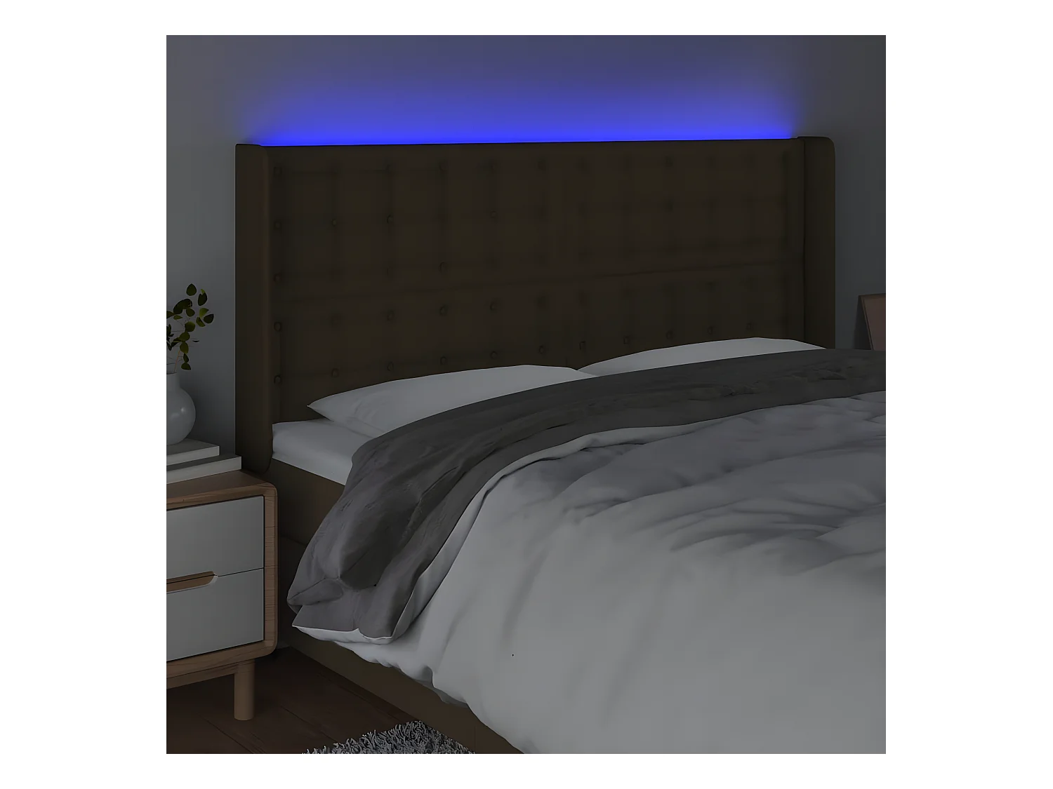 Hoofdbord LED 203x16x118/128 cm stof donkerbruin