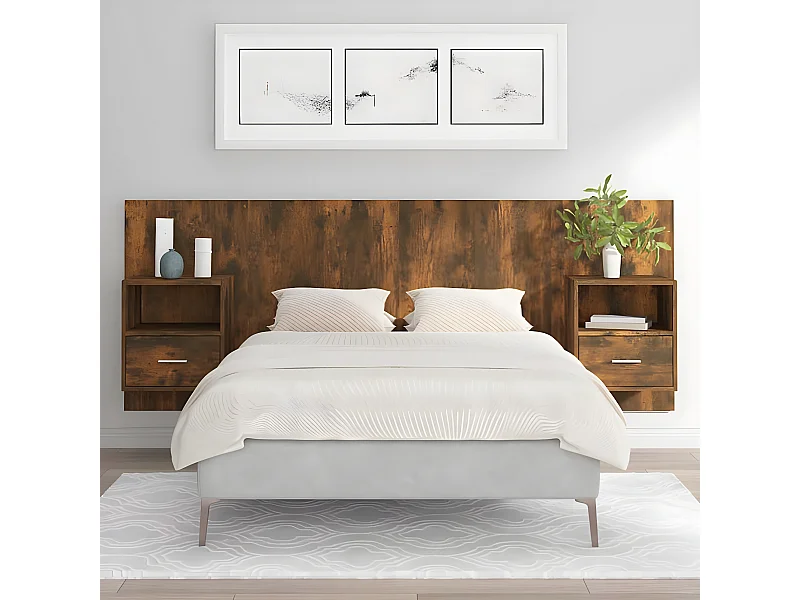 Cabecero de cama con mesitas madera contrachapada roble ahumado