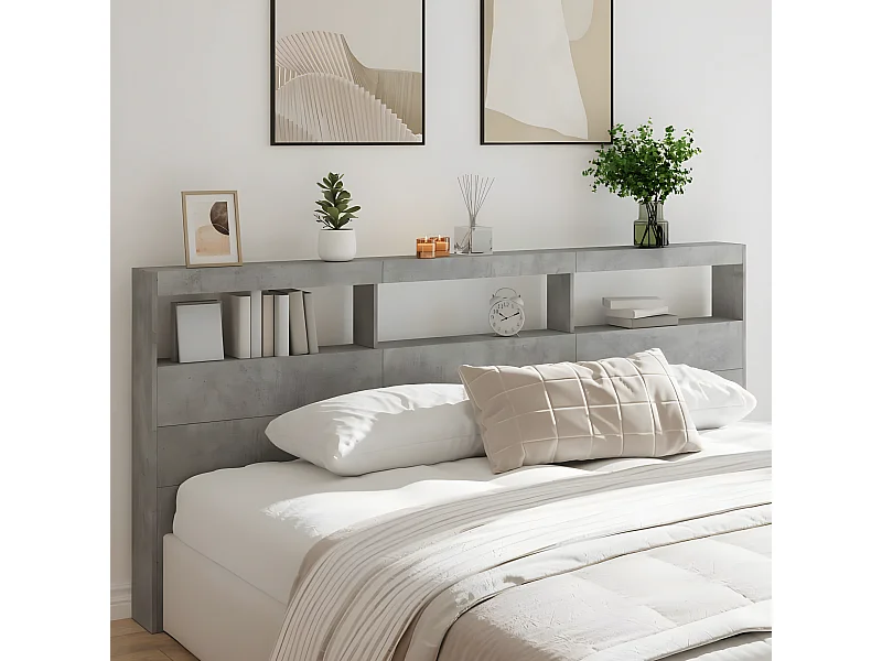Armoire tête de lit avec LED gris béton 220x17x102 cm