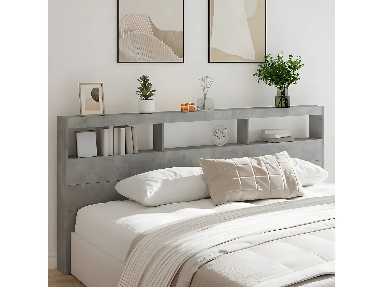 Armoire tête de lit avec LED gris béton 220x17x102 cm