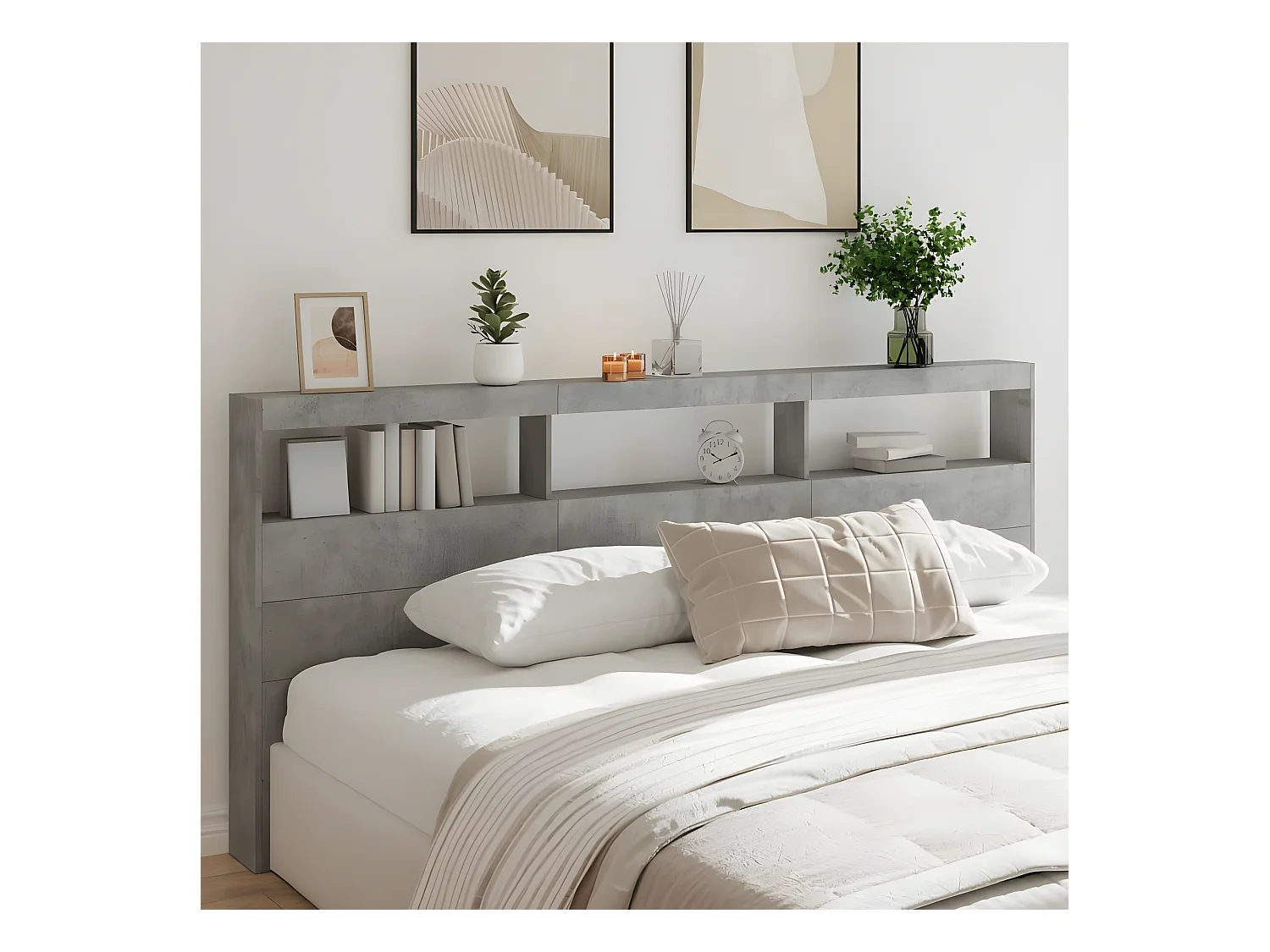 Armoire tête de lit avec LED gris béton 220x17x102 cm