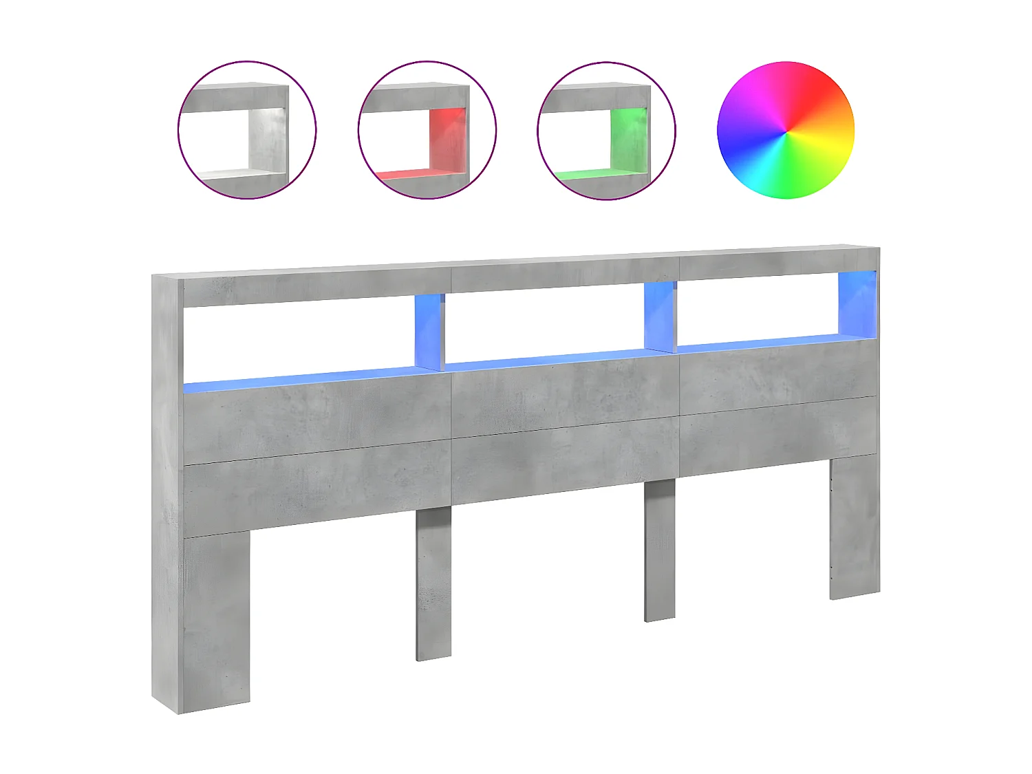 Armoire tête de lit avec LED gris béton 220x17x102 cm