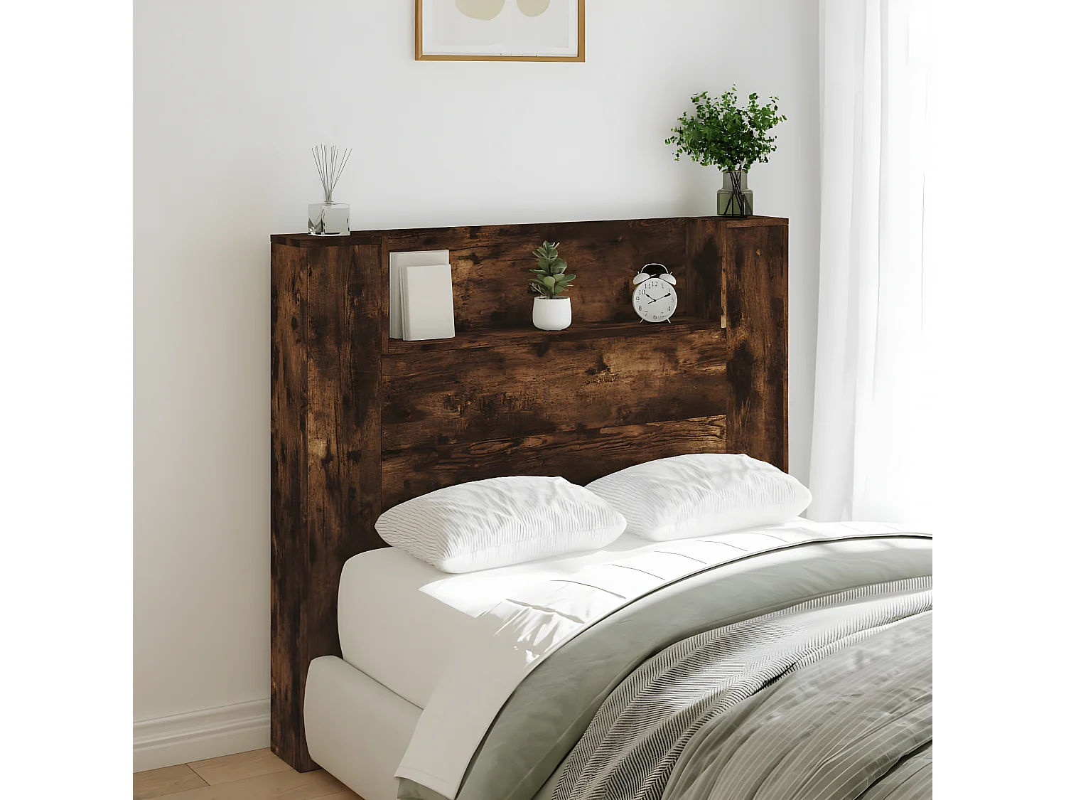 Armoire tête de lit avec LED chêne fumé 120x16,5x103,5 cm