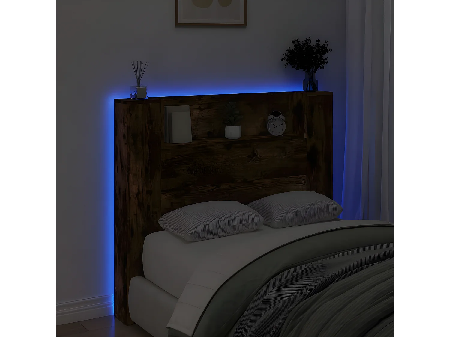 Armoire tête de lit avec LED chêne fumé 120x16,5x103,5 cm