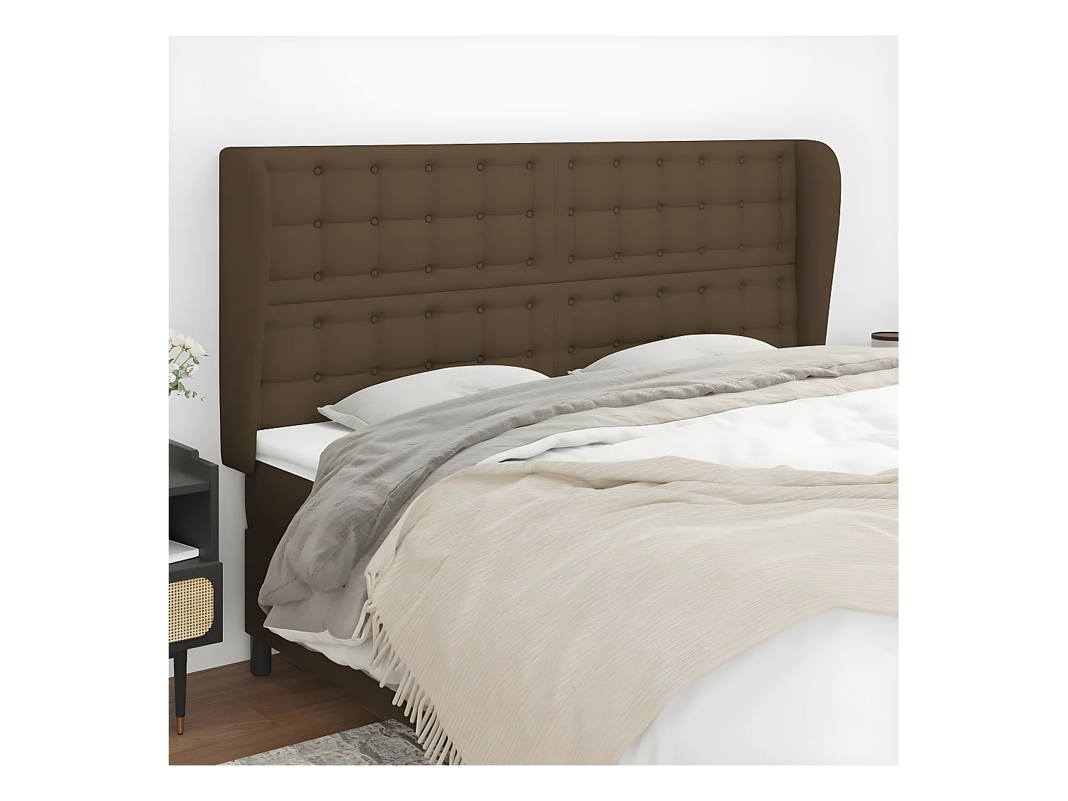Tête de lit avec oreilles Marron foncé 203x23x118/128 cm Tissu