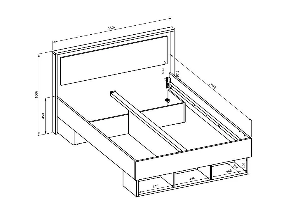 Cama 140x200 VOX con 3 nichos y 2 espacios para cajones, sin somier