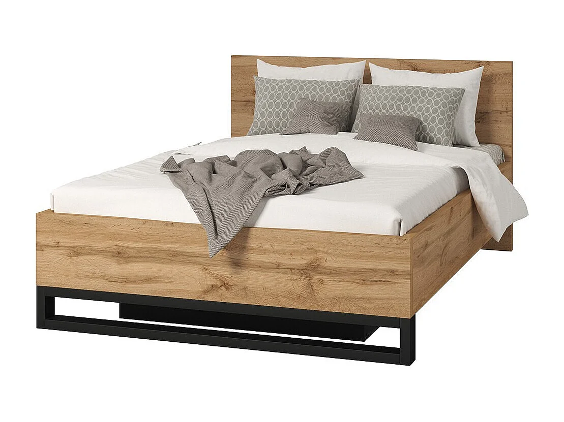 Lit coffre 140x200 style industriel - Collection MILOS. Coloris chêne brut et noir.