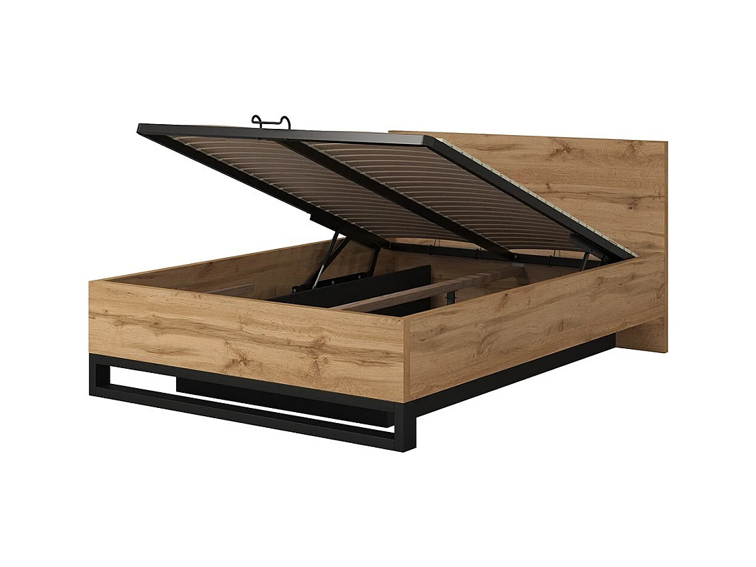 Lit coffre 160x200 style industriel - Collection MILOS. Coloris chêne brut et noir.