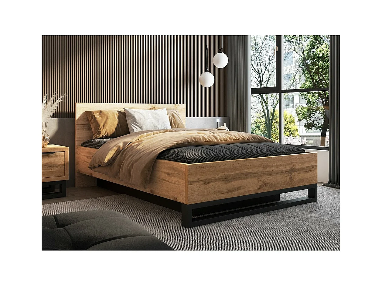 Opbergbed 160x200 in industriële stijl - MILOS collectie. Kleur ruw eiken en zwart.