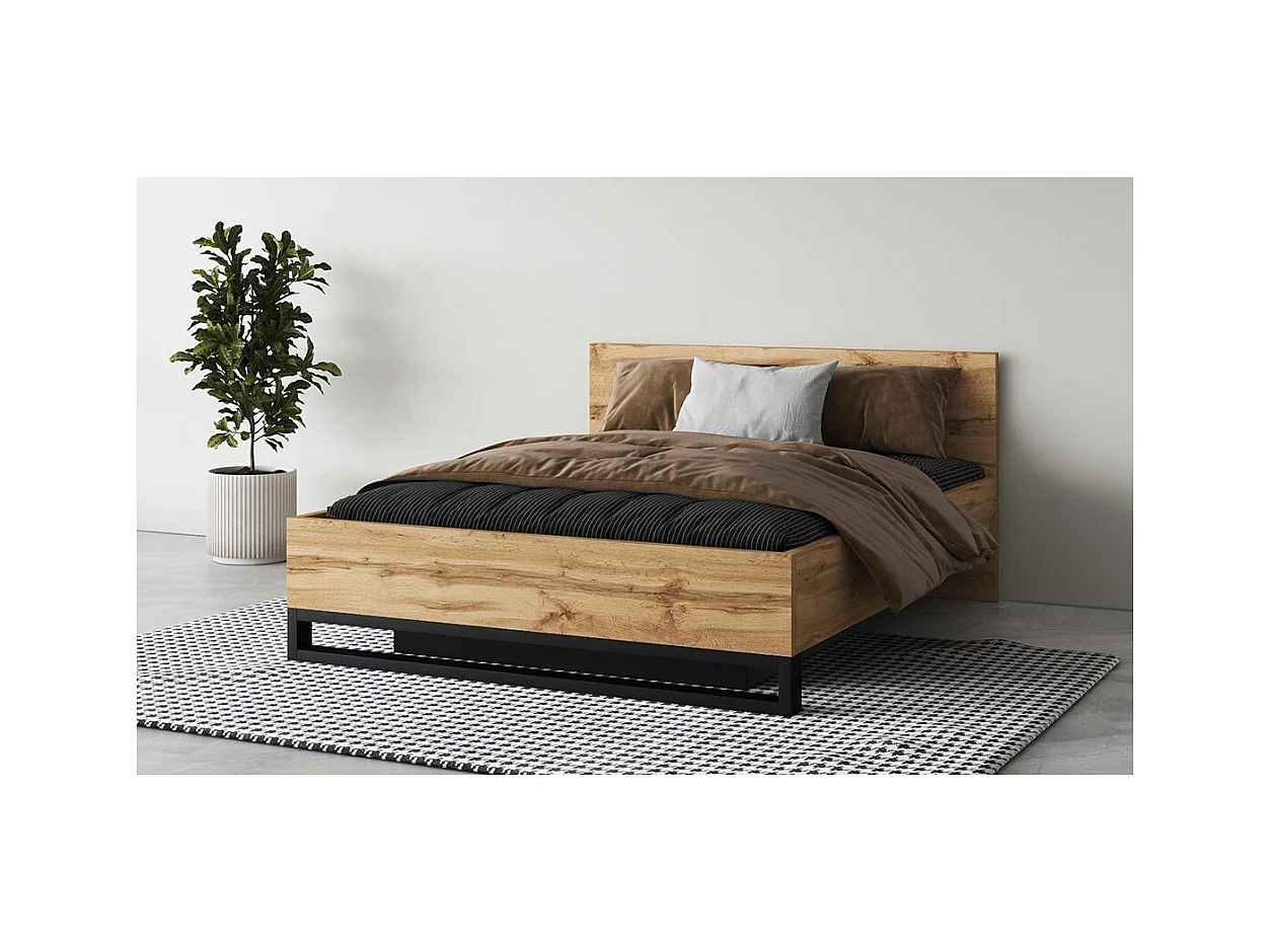 Opbergbed 160x200 in industriële stijl - MILOS collectie. Kleur ruw eiken en zwart.