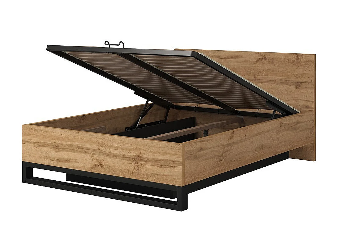 Lit coffre 160x200 style industriel - Collection MILOS. Coloris chêne brut et noir.