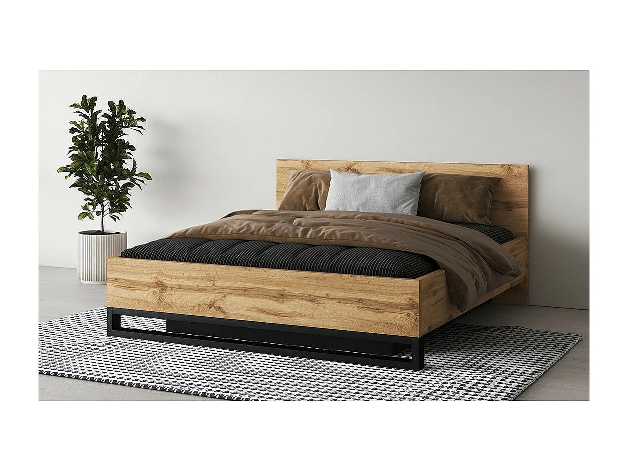 Lit coffre 180x200 style industriel - Collection MILOS. Coloris chêne brut et noir.