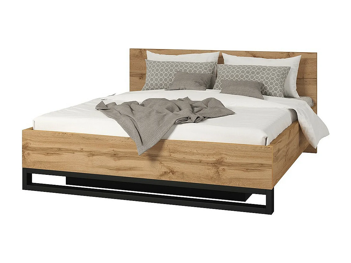 Lit coffre 180x200 style industriel - Collection MILOS. Coloris chêne brut et noir.