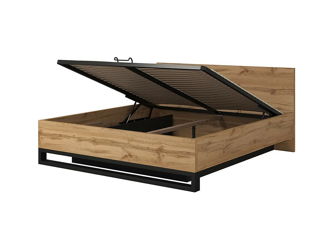 Lit coffre 180x200 style industriel - Collection MILOS. Coloris chêne brut et noir.