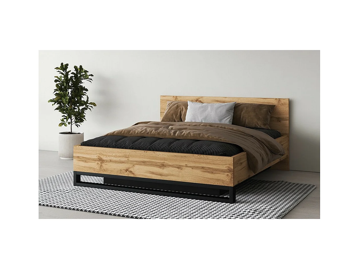 Opbergbed 180x200 in industriële stijl - Collectie MILOS. Kleur ruw eiken en zwart.