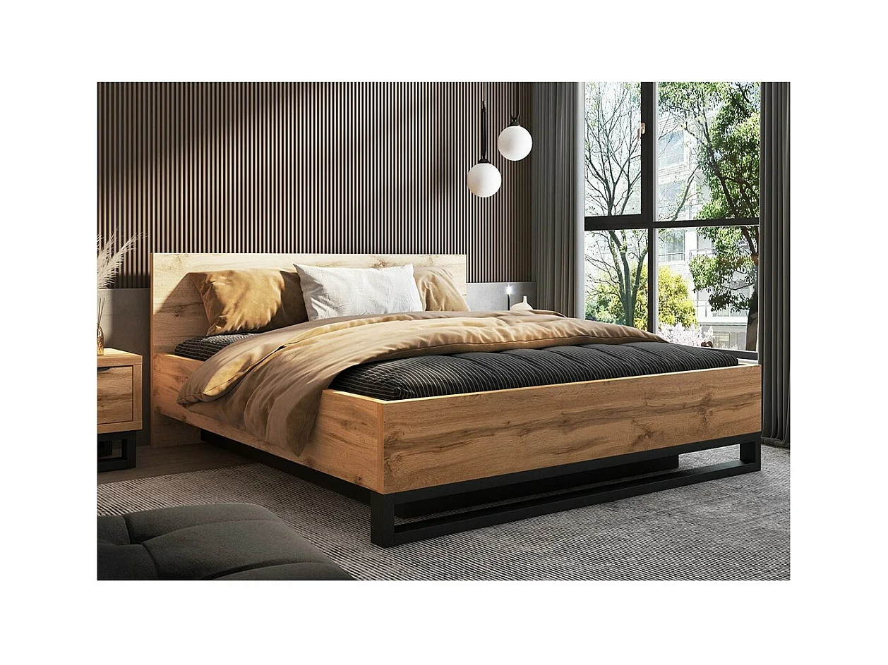 Opbergbed 180x200 in industriële stijl - Collectie MILOS. Kleur ruw eiken en zwart.