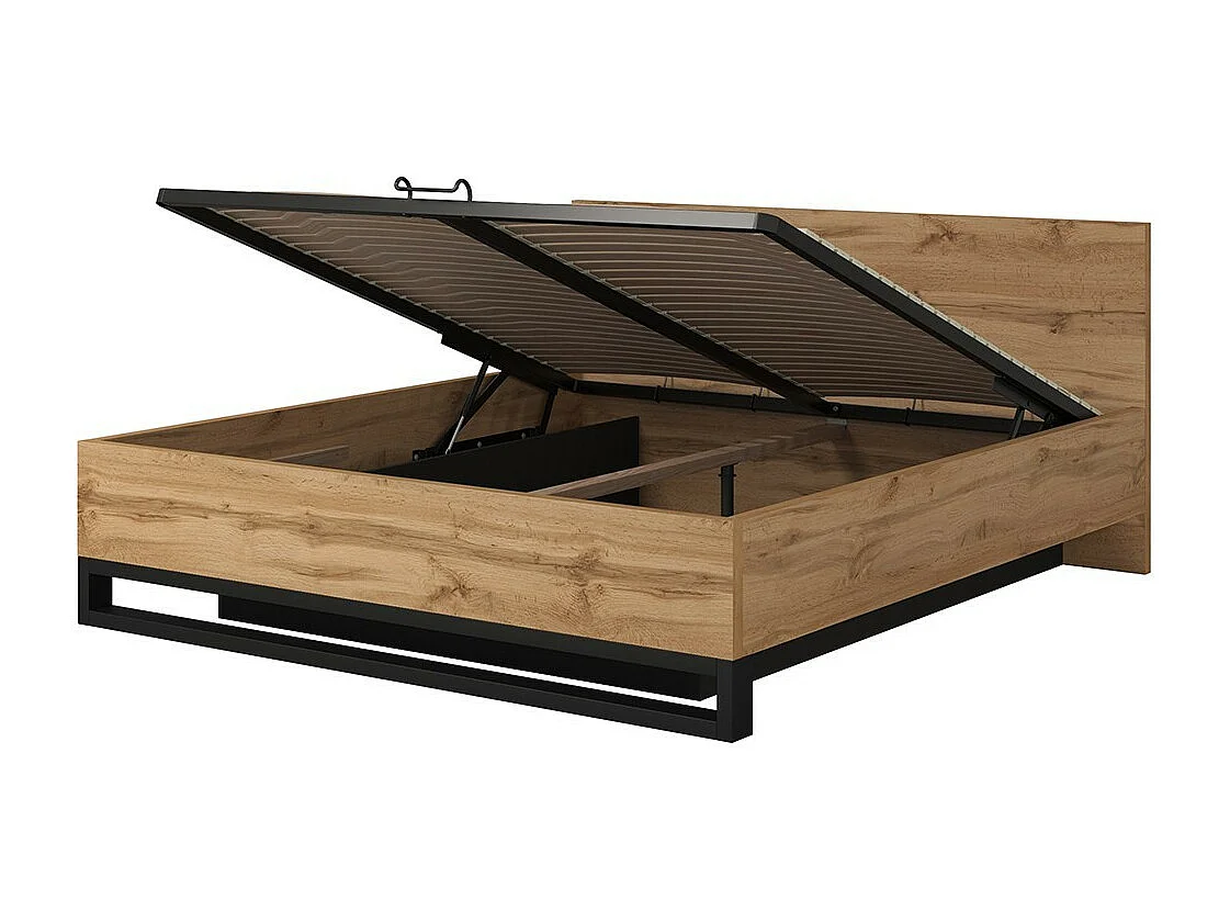 Lit coffre 180x200 style industriel - Collection MILOS. Coloris chêne brut et noir.