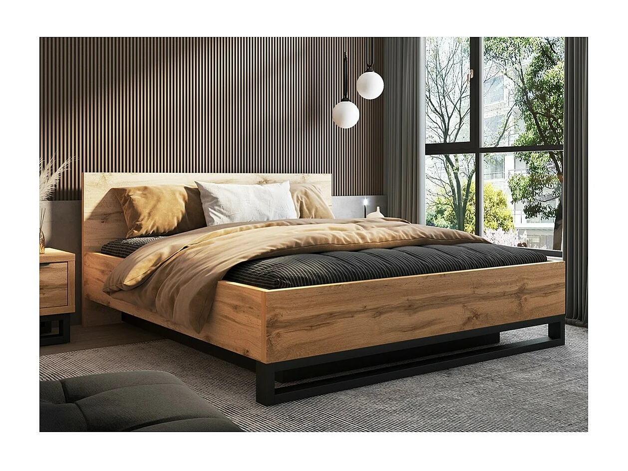 Lit coffre 180x200 style industriel - Collection MILOS. Coloris chêne brut et noir.