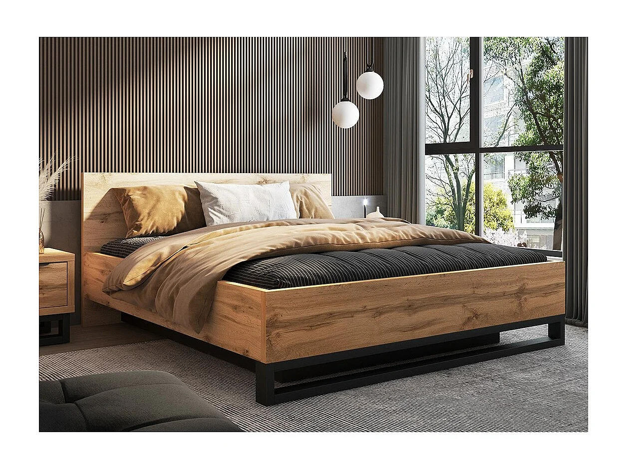 Lit coffre 180x200 style industriel - Collection MILOS. Coloris chêne brut et noir.