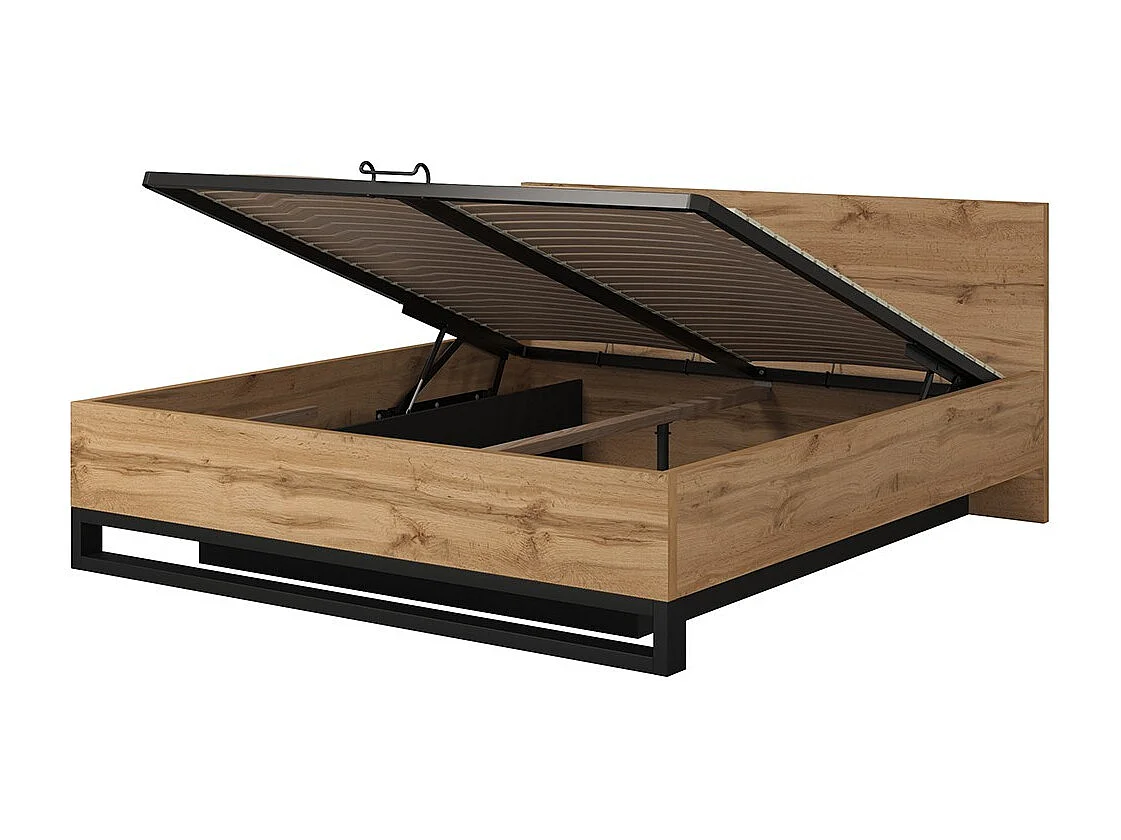 Lit coffre 180x200 style industriel - Collection MILOS. Coloris chêne brut et noir.