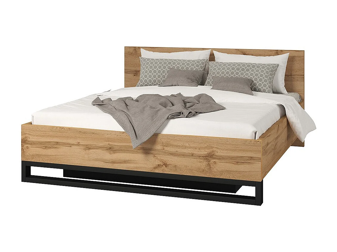 Lit coffre 180x200 style industriel - Collection MILOS. Coloris chêne brut et noir.