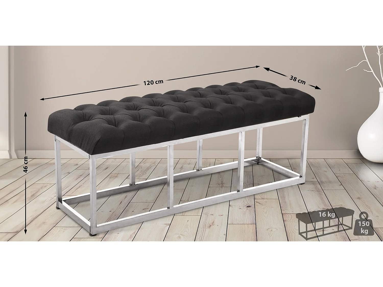 Banquette - Tissu & Acier inoxydable - Gris foncé - Amun