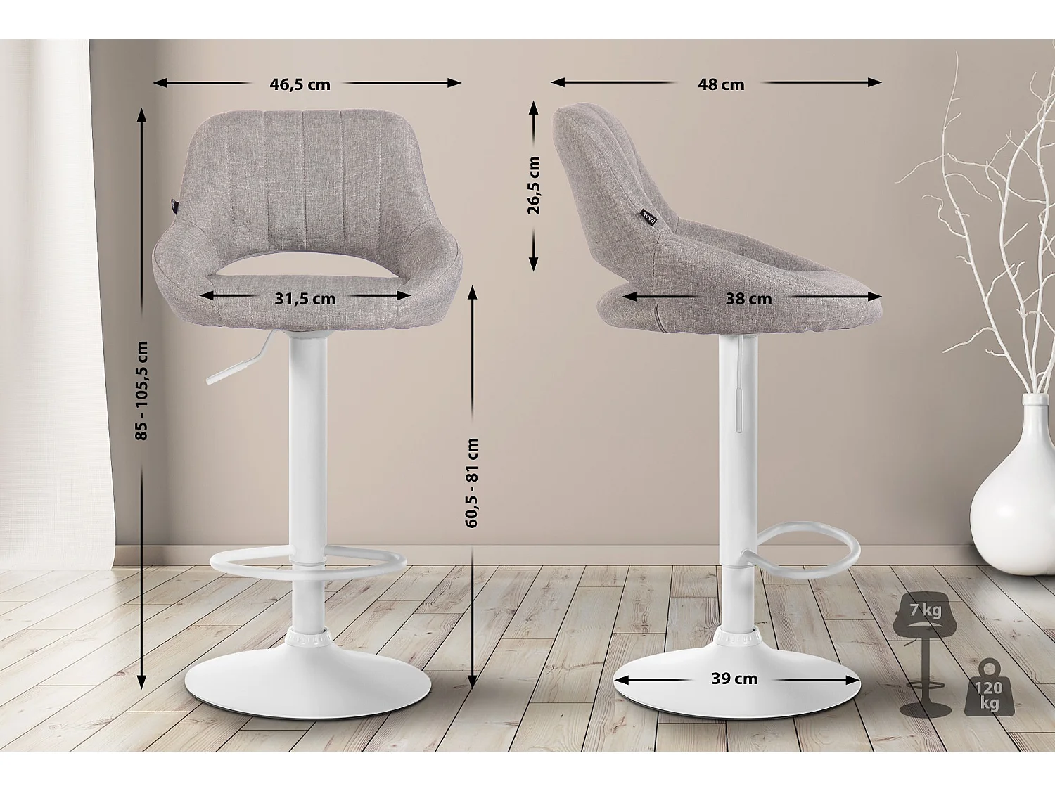 Tabouret de bar - Tissu & Blanc - Gris - Milet