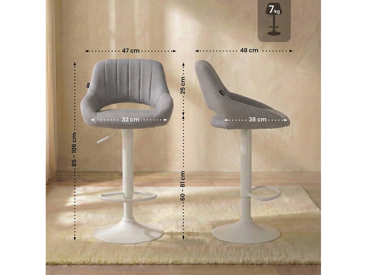 Tabouret de bar - Tissu & Blanc - Gris - Milet
