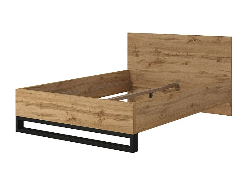 Cama adulto 140x200 estilo industrial - Colección MILOS. Color roble crudo y negro.