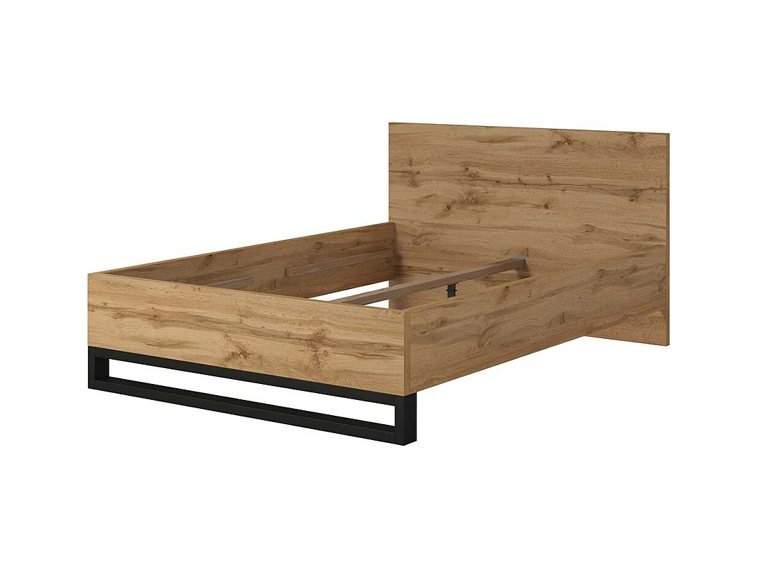 Lit adulte 140x200 style industriel - Collection MILOS. Coloris chêne brut et noir.