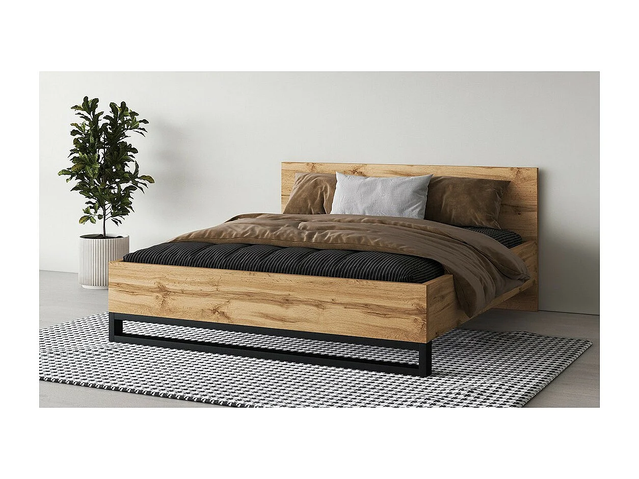 Volwassenenbed 180x200 in industriële stijl - Collectie MILOS. Kleur ruw eiken en zwart.