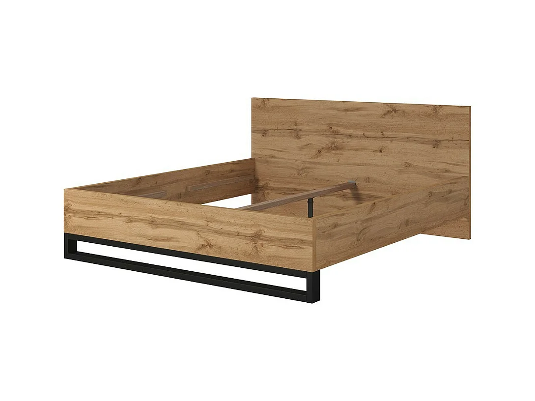 Lit adulte 180x200 style industriel - Collection MILOS. Coloris chêne brut et noir.