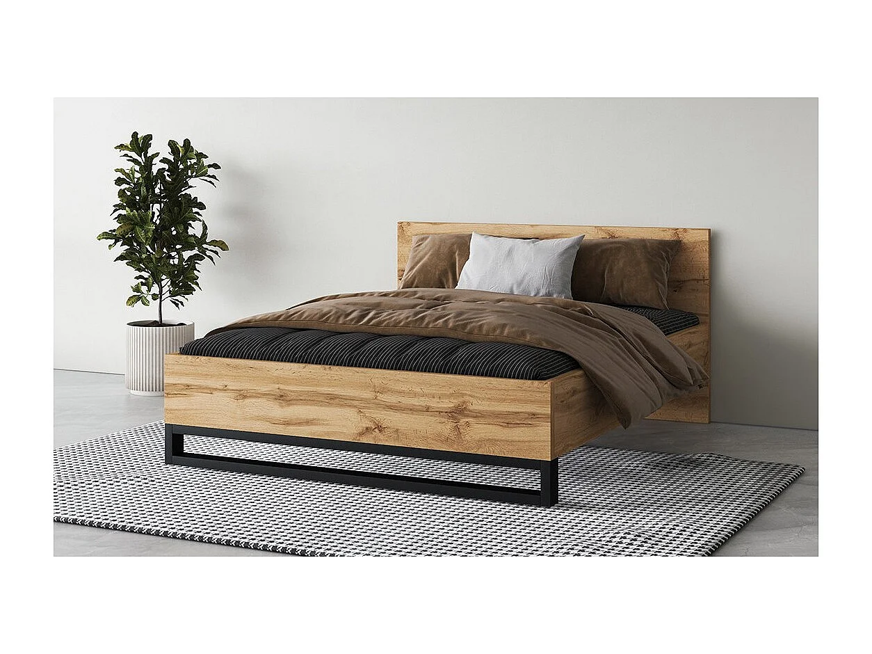 Volwassen bed 160x200 in industriële stijl - Collectie MILOS. Kleur ruw eiken en zwart.