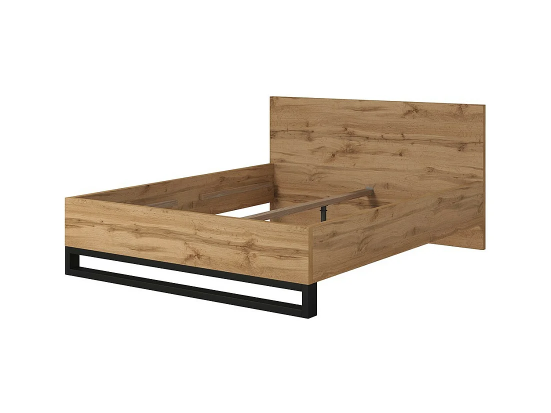 Lit adulte 160x200 style industriel - Collection MILOS. Coloris chêne brut et noir.