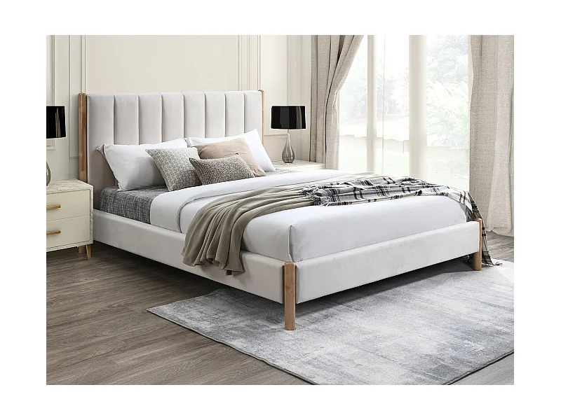 Bett 160 x 200 cm + Matratze - Kopfteil mit vertikalen Ziernähten - Samt - Elfenbeinfarben - SIZAMA