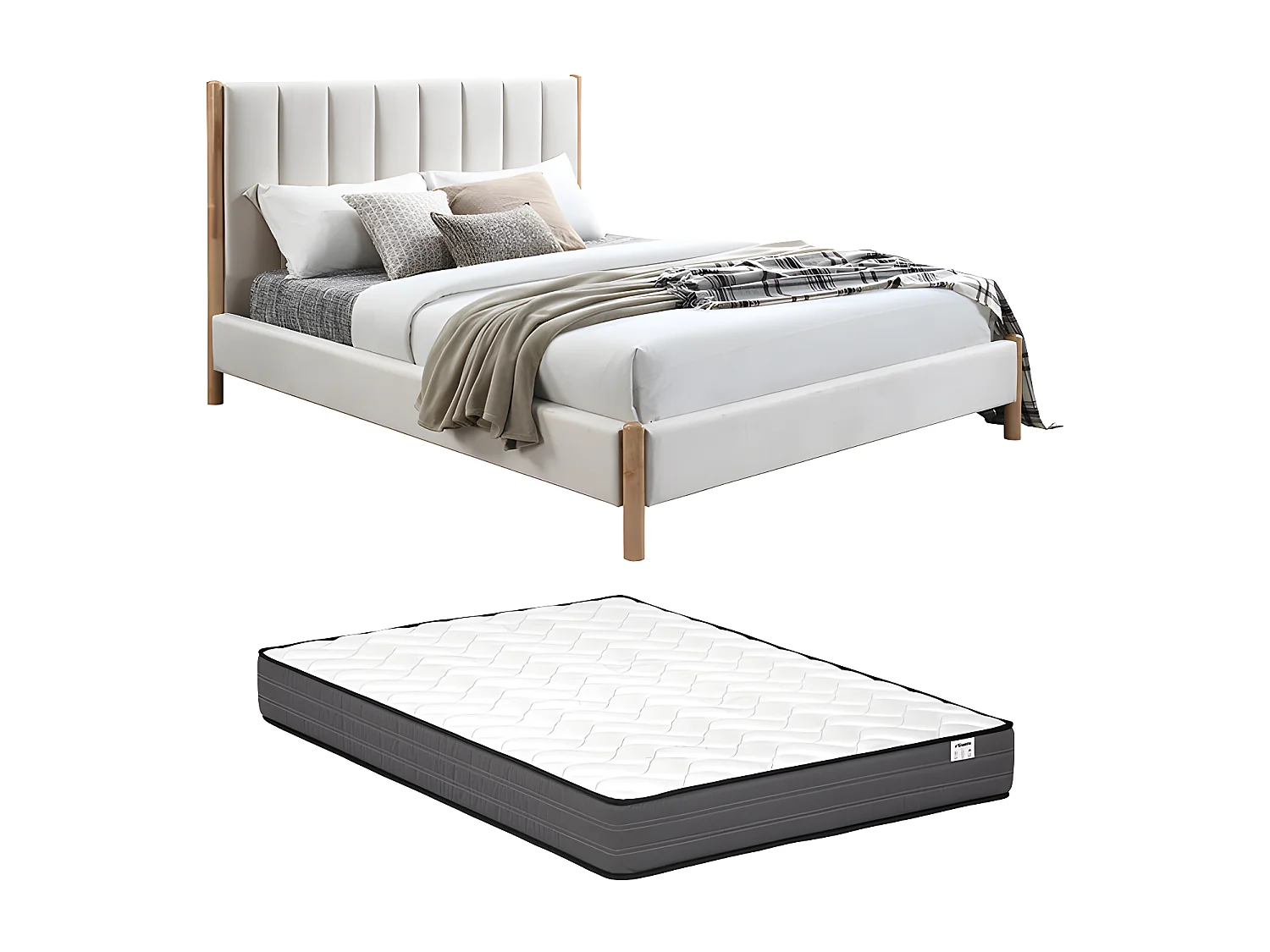 Letto 160 x 200 cm con testata letto impunture verticali Velluto Avorio + Materasso - SIZAMA