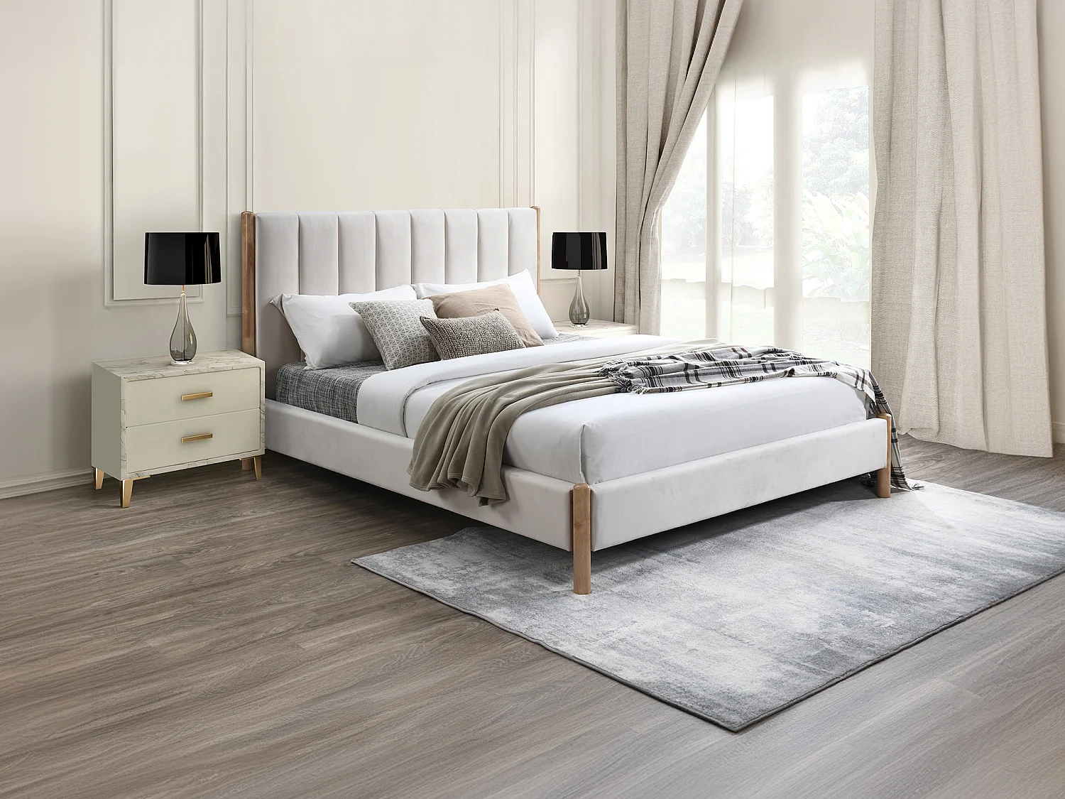Letto 160 x 200 cm con testata letto impunture verticali Velluto Avorio + Materasso - SIZAMA