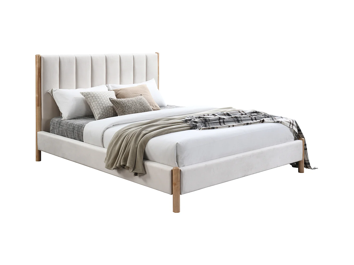 Lit 180 x 200 cm avec tête de lit coutures verticales - Velours - Ivoire + Matelas - SIZAMA