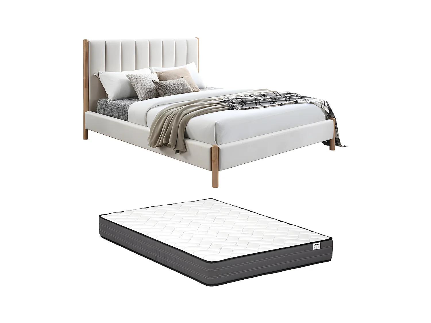 Lit 180 x 200 cm avec tête de lit coutures verticales - Velours - Ivoire + Matelas - SIZAMA