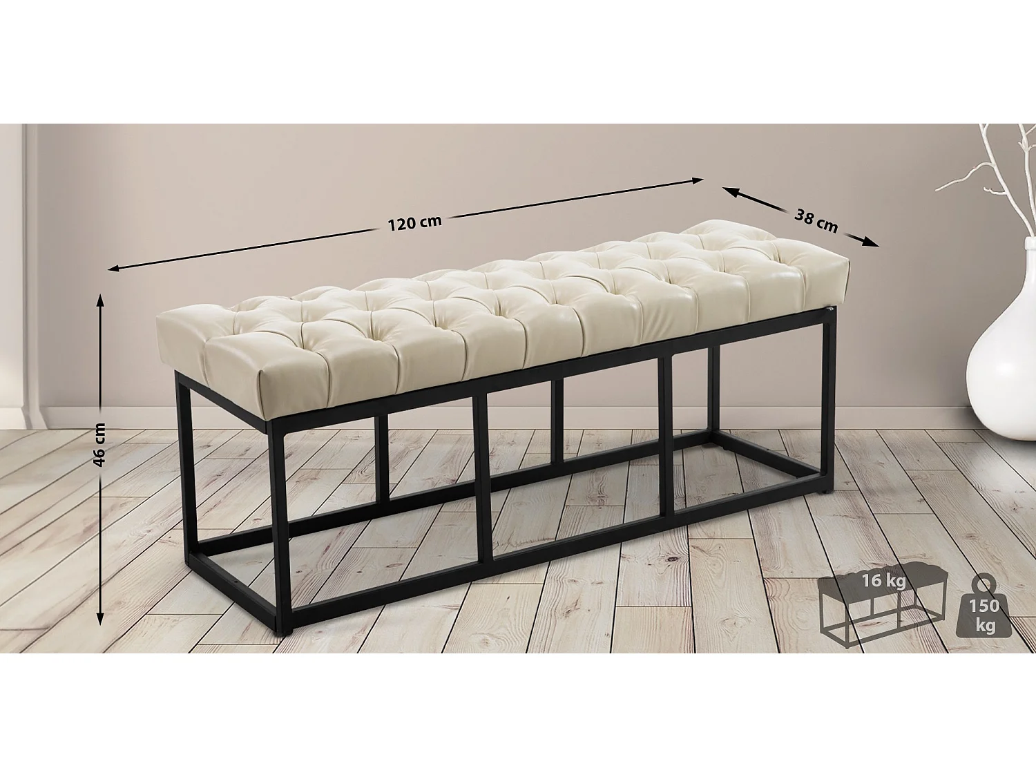 Banquette - Similicuir & Métal noir mat - Crème - Amun