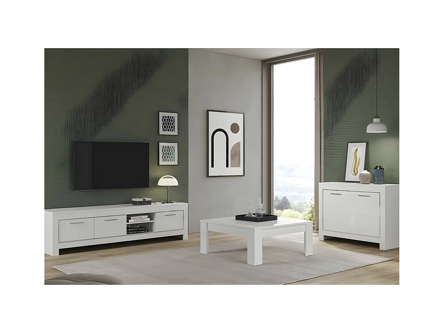 DENAE - Ensemble Salon Laqué Blanc Brillant Meuble TV + Buffet 2 Portes + Table Basse Carrée