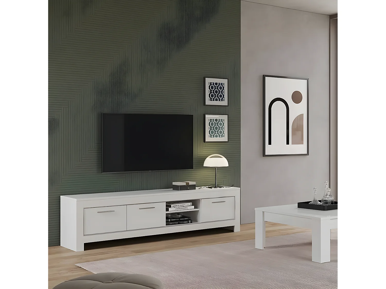 DENAE - Ensemble Salon Laqué Blanc Brillant Meuble TV + Buffet 2 Portes + Table Basse Carrée