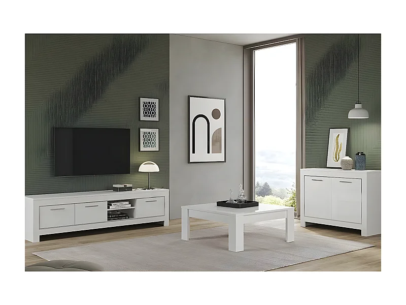 DENAE - Ensemble Salon Laqué Blanc Brillant Meuble TV + Buffet 2 Portes + Table Basse Carrée