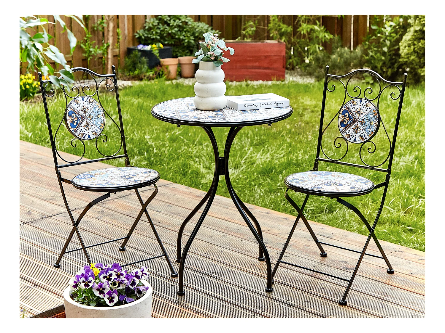 Gartentisch Metall schwarz / blau Mosaik Muster 60 cm rund Civita